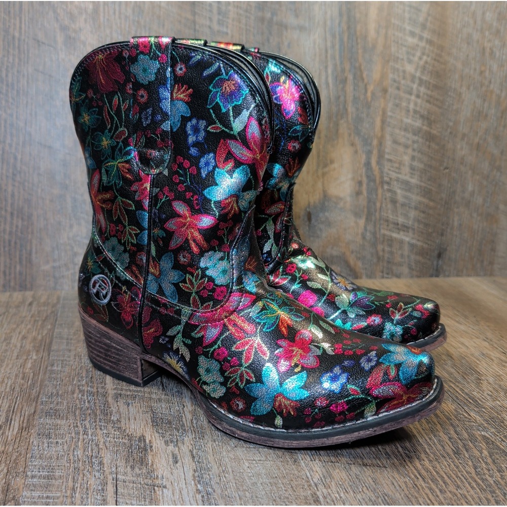 Roper Ingrid Black Floral Metallic Western Boots Booties Snip Toe Womens Size 6